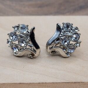 Vintage Art Deco Silver Tone And Crystal Floral Design MCM Screw Back Earrings